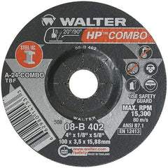 WALTER Surface Technologies - 24 Grit, 4" Wheel Diam, 1/8" Wheel Thickness, 5/8" Arbor Hole, Type 27 Depressed Center Wheel - Aluminum Oxide, Resinoid Bond, 15,000 Max RPM - Exact Tool & Supply