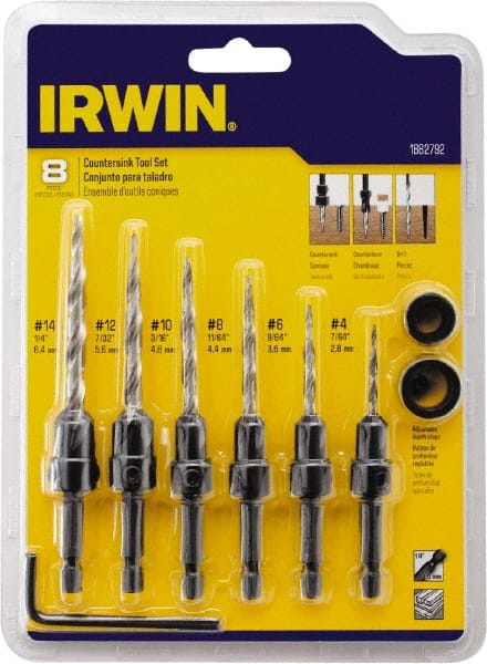 Irwin - 8 Piece, 1/4 to 1/2" Head Diam, Single End Countersink Set - Exact Tool & Supply