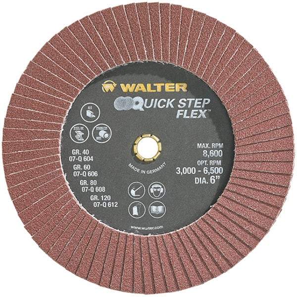 WALTER Surface Technologies - 80 Grit, 6" Disc Diam, Aluminum Oxide Flap Disc - 8,600 Max RPM, Fiber Backing, Hook & Loop Attaching System, Coated - Exact Tool & Supply