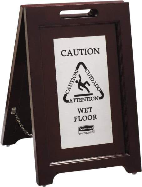 Rubbermaid - Attention/, Caution/, Cuidado/, Wet Floor, 15-1/8" Wide x 22" High, Wood Floor Sign - English/French/Spanish, A-Frame, Black on Silver, For Accident Prevention - Exact Tool & Supply