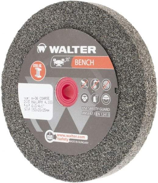 WALTER Surface Technologies - 36 Grit Aluminum Oxide Bench & Pedestal Grinding Wheel - 6" Diam x 1" Hole x 3/4" Thick, 4100 Max RPM, Coarse Grade, Vitrified Bond - Exact Tool & Supply