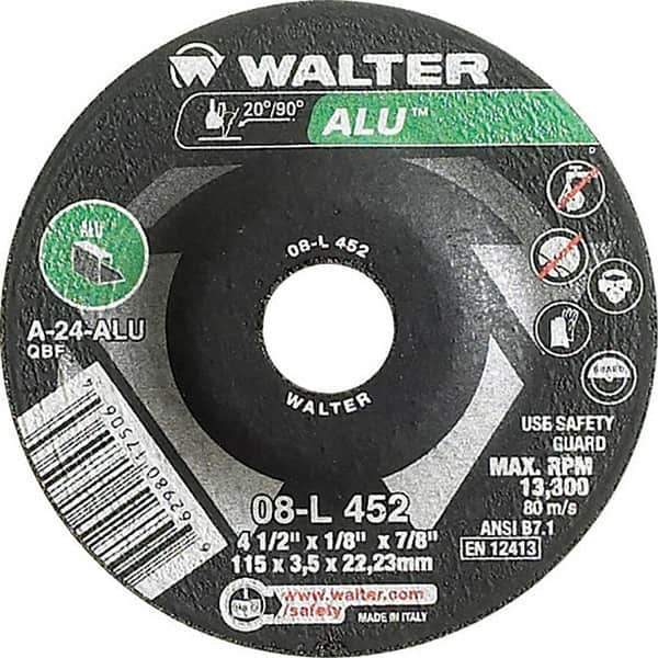 WALTER Surface Technologies - 24 Grit, 4-1/2" Wheel Diam, 1/8" Wheel Thickness, 7/8" Arbor Hole, Type 27 Depressed Center Wheel - Aluminum Oxide, Resinoid Bond, 13,300 Max RPM - Exact Tool & Supply