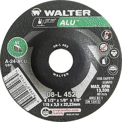 WALTER Surface Technologies - 24 Grit, 4-1/2" Wheel Diam, 1/8" Wheel Thickness, 7/8" Arbor Hole, Type 27 Depressed Center Wheel - Aluminum Oxide, Resinoid Bond, 13,300 Max RPM - Exact Tool & Supply