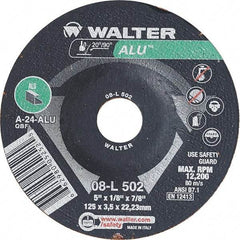 WALTER Surface Technologies - 24 Grit, 5" Wheel Diam, 1/8" Wheel Thickness, 7/8" Arbor Hole, Type 27 Depressed Center Wheel - Aluminum Oxide, Resinoid Bond, 12,200 Max RPM - Exact Tool & Supply