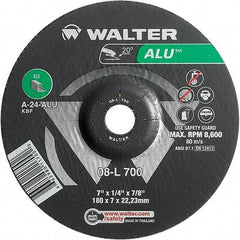 WALTER Surface Technologies - 24 Grit, 7" Wheel Diam, 1/4" Wheel Thickness, 7/8" Arbor Hole, Type 27 Depressed Center Wheel - Aluminum Oxide, Resinoid Bond, 8,600 Max RPM - Exact Tool & Supply