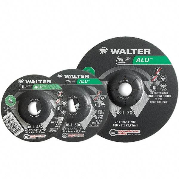 WALTER Surface Technologies - 24 Grit, 7" Wheel Diam, 1/4" Wheel Thickness, Type 27 Depressed Center Wheel - Aluminum Oxide, Resinoid Bond, 8,600 Max RPM - Exact Tool & Supply