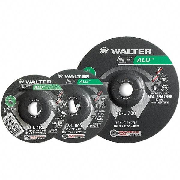 WALTER Surface Technologies - 24 Grit, 9" Wheel Diam, 1/8" Wheel Thickness, Type 27 Depressed Center Wheel - Aluminum Oxide, Resinoid Bond, 6,600 Max RPM - Exact Tool & Supply