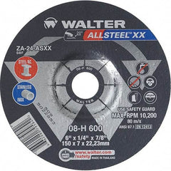 WALTER Surface Technologies - 24 Grit, 6" Wheel Diam, 1/4" Wheel Thickness, 7/8" Arbor Hole, Type 27 Depressed Center Wheel - Aluminum Oxide, Resinoid Bond, 10,200 Max RPM - Exact Tool & Supply
