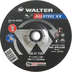 WALTER Surface Technologies - 24 Grit, 7" Wheel Diam, 1/8" Wheel Thickness, 7/8" Arbor Hole, Type 27 Depressed Center Wheel - Aluminum Oxide, Resinoid Bond, 8,600 Max RPM - Exact Tool & Supply