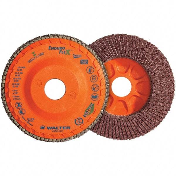 WALTER Surface Technologies - 120 Grit, 6" Disc Diam, 5/8-11 Center Hole, Type 28 Ceramic Flap Disc - 10,200 Max RPM, Plastic Backing, Arbor Attaching System, Coated - Exact Tool & Supply