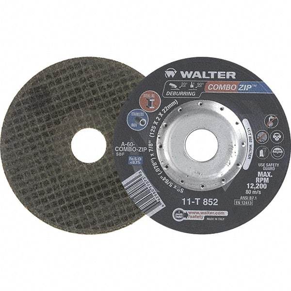 WALTER Surface Technologies - 60 Grit, 5" Wheel Diam, 5/64" Wheel Thickness, 7/8" Arbor Hole, Type 27 Depressed Center Wheel - 12,200 Max RPM - Exact Tool & Supply