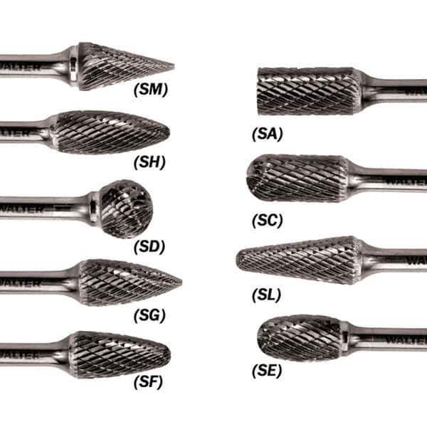 WALTER Surface Technologies - 1/2" Cut Diam, 1/4" Shank Diam, Flame Head Double Cut Burr - Carbide, 1-1/4" LOC - Exact Tool & Supply