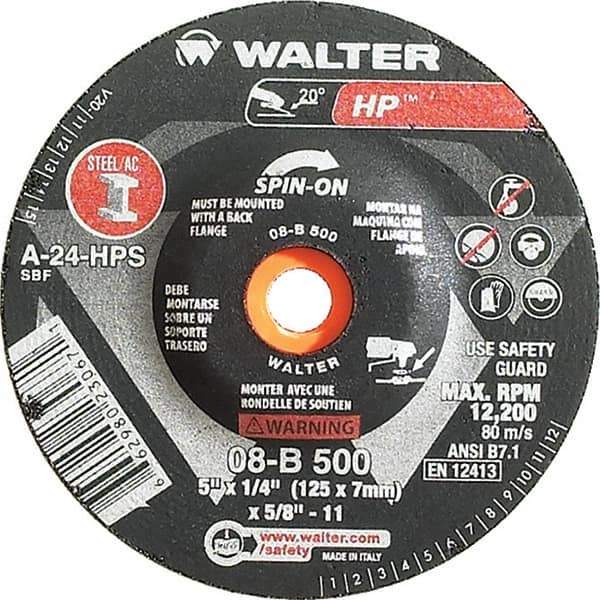 WALTER Surface Technologies - 24 Grit, 5" Wheel Diam, 1/4" Wheel Thickness, Type 27 Depressed Center Wheel - Aluminum Oxide, Resinoid Bond, 12,200 Max RPM - Exact Tool & Supply