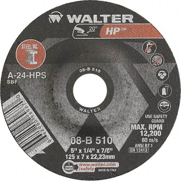 WALTER Surface Technologies - 24 Grit, 5" Wheel Diam, 1/4" Wheel Thickness, 7/8" Arbor Hole, Type 27 Depressed Center Wheel - Aluminum Oxide, Resinoid Bond, 12,200 Max RPM - Exact Tool & Supply