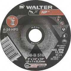 WALTER Surface Technologies - 24 Grit, 5" Wheel Diam, 1/4" Wheel Thickness, 7/8" Arbor Hole, Type 27 Depressed Center Wheel - Aluminum Oxide, Resinoid Bond, 12,200 Max RPM - Exact Tool & Supply