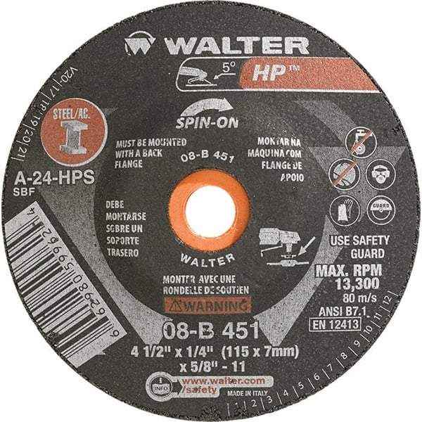 WALTER Surface Technologies - 24 Grit, 4-1/2" Wheel Diam, 1/4" Wheel Thickness, Type 28 Depressed Center Wheel - Aluminum Oxide, Resinoid Bond, 13,300 Max RPM - Exact Tool & Supply