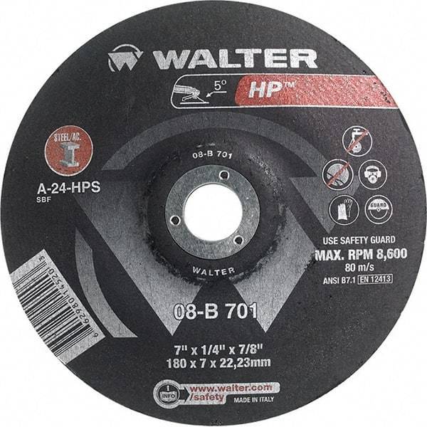 WALTER Surface Technologies - 24 Grit, 7" Wheel Diam, 1/4" Wheel Thickness, 7/8" Arbor Hole, Type 28 Depressed Center Wheel - Aluminum Oxide, Resinoid Bond, 8,600 Max RPM - Exact Tool & Supply