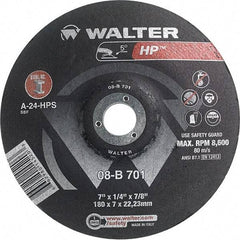 WALTER Surface Technologies - 24 Grit, 7" Wheel Diam, 1/4" Wheel Thickness, 7/8" Arbor Hole, Type 28 Depressed Center Wheel - Aluminum Oxide, Resinoid Bond, 8,600 Max RPM - Exact Tool & Supply