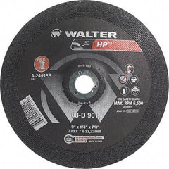 WALTER Surface Technologies - 24 Grit, 9" Wheel Diam, 1/4" Wheel Thickness, 7/8" Arbor Hole, Type 28 Depressed Center Wheel - Aluminum Oxide, Resinoid Bond, 6,600 Max RPM - Exact Tool & Supply