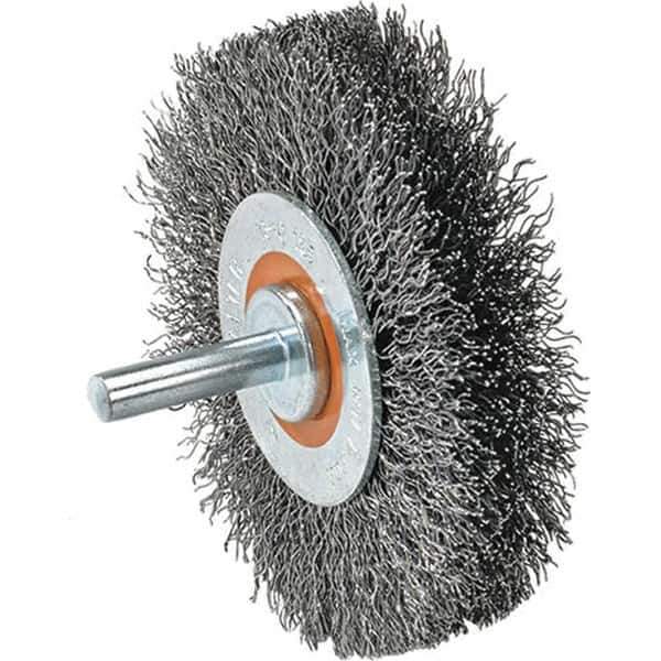 WALTER Surface Technologies - 1-3/8" OD, 1/4" Shank Diam, Crimped Stainless Steel Wheel Brush - 1/4" Face Width, 0.008" Filament Diam, 25,000 RPM - Exact Tool & Supply