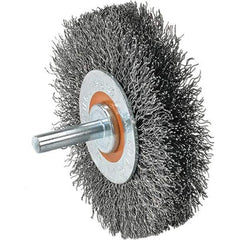 WALTER Surface Technologies - 1-3/8" OD, 1/4" Shank Diam, Crimped Stainless Steel Wheel Brush - 1/4" Face Width, 0.008" Filament Diam, 25,000 RPM - Exact Tool & Supply