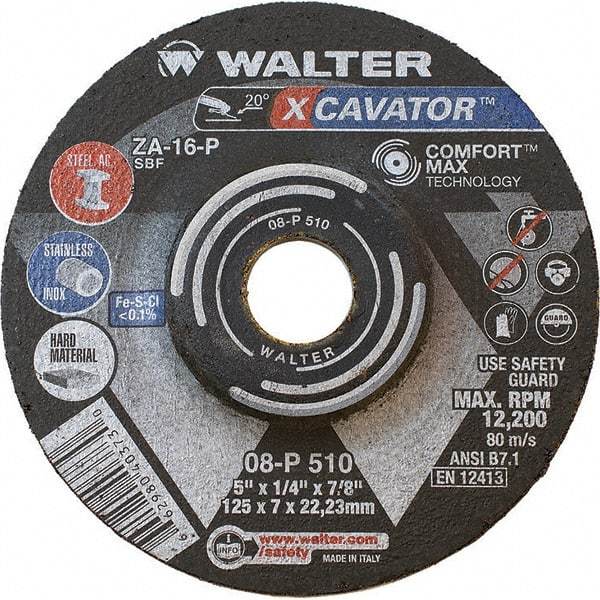 WALTER Surface Technologies - 16 Grit, 5" Wheel Diam, 1/4" Wheel Thickness, 7/8" Arbor Hole, Type 27 Depressed Center Wheel - Aluminum Oxide, Resinoid Bond, 12,200 Max RPM - Exact Tool & Supply