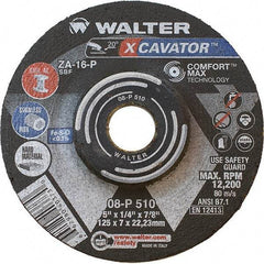 WALTER Surface Technologies - 16 Grit, 5" Wheel Diam, 1/4" Wheel Thickness, 7/8" Arbor Hole, Type 27 Depressed Center Wheel - Aluminum Oxide, Resinoid Bond, 12,200 Max RPM - Exact Tool & Supply