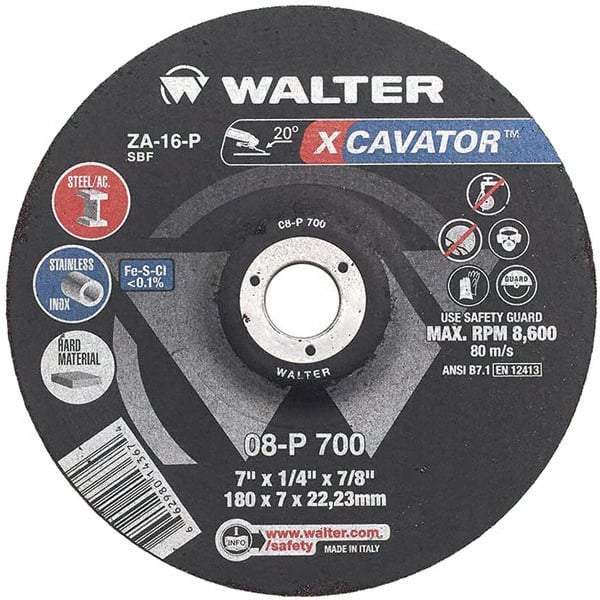 WALTER Surface Technologies - 16 Grit, 7" Wheel Diam, 1/4" Wheel Thickness, Type 27 Depressed Center Wheel - Aluminum Oxide, Resinoid Bond, 8,600 Max RPM - Exact Tool & Supply