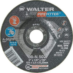 WALTER Surface Technologies - 36 Grit, 5" Wheel Diam, 1/8" Wheel Thickness, 7/8" Arbor Hole, Type 27 Depressed Center Wheel - Aluminum Oxide/Silicon Carbide Blend, Resinoid Bond, 12,200 Max RPM, Compatible with Angle Grinder - Exact Tool & Supply