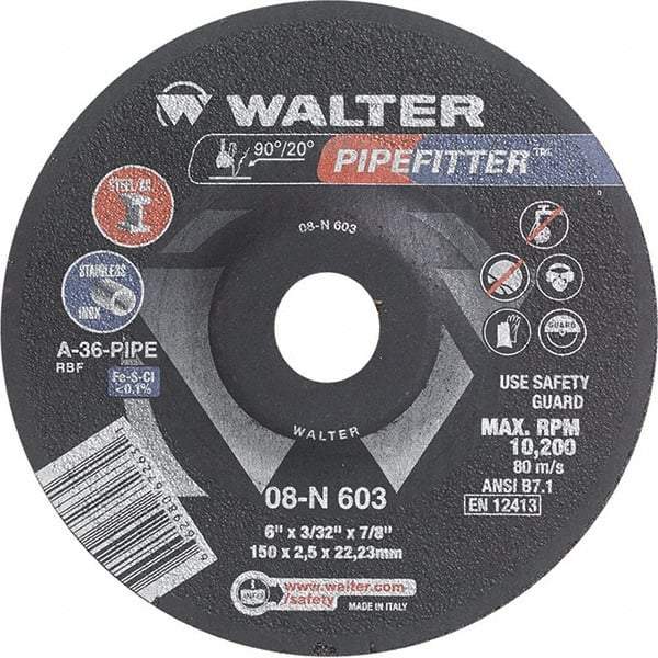 WALTER Surface Technologies - 36 Grit, 6" Wheel Diam, 3/32" Wheel Thickness, 7/8" Arbor Hole, Type 27 Depressed Center Wheel - Aluminum Oxide/Silicon Carbide Blend, Resinoid Bond, 10,200 Max RPM - Exact Tool & Supply