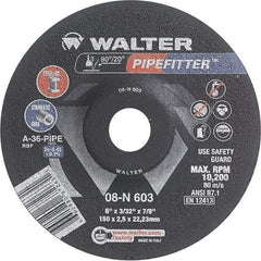 WALTER Surface Technologies - 36 Grit, 6" Wheel Diam, 3/32" Wheel Thickness, 7/8" Arbor Hole, Type 27 Depressed Center Wheel - Aluminum Oxide/Silicon Carbide Blend, Resinoid Bond, 10,200 Max RPM - Exact Tool & Supply