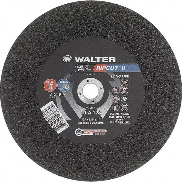 WALTER Surface Technologies - 12" 24 Grit Aluminum Oxide Cutoff Wheel - 1/8" Thick, 1" Arbor, 5,100 Max RPM, Use with Stationary Tools - Exact Tool & Supply
