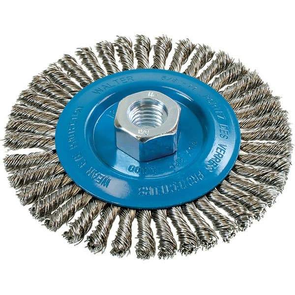 WALTER Surface Technologies - 5" OD, 5/8-11 Arbor Hole, Stringer Bead Stainless Steel Wheel Brush - 1/4" Face Width, 0.02" Filament Diam, 15,000 RPM - Exact Tool & Supply