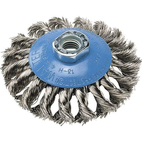 WALTER Surface Technologies - 5" Diam, 5/8-11 Threaded Arbor, Stainless Steel Fill Cup Brush - 0.02 Wire Diam, 15,000 Max RPM - Exact Tool & Supply