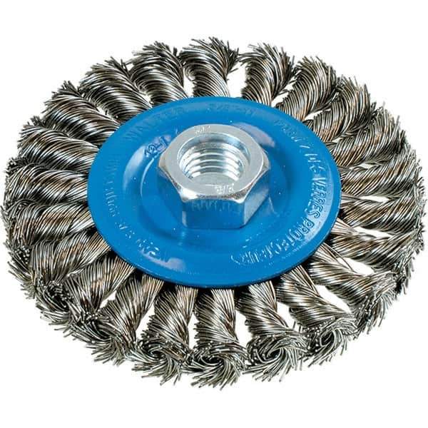 WALTER Surface Technologies - 4" OD, 5/8-11 Arbor Hole, Knotted Stainless Steel Wheel Brush - 3/8" Face Width, 0.02" Filament Diam, 20,000 RPM - Exact Tool & Supply
