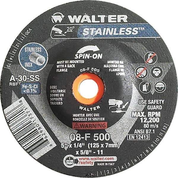 WALTER Surface Technologies - 30 Grit, 5" Wheel Diam, 1/4" Wheel Thickness, Type 27 Depressed Center Wheel - Aluminum Oxide, Resinoid Bond, 12,200 Max RPM - Exact Tool & Supply
