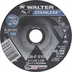 WALTER Surface Technologies - 30 Grit, 5" Wheel Diam, 1/4" Wheel Thickness, 7/8" Arbor Hole, Type 27 Depressed Center Wheel - Aluminum Oxide, Resinoid Bond, 12,200 Max RPM - Exact Tool & Supply
