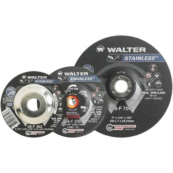 WALTER Surface Technologies - 30 Grit, 6" Wheel Diam, 1/8" Wheel Thickness, 7/8" Arbor Hole, Type 27 Depressed Center Wheel - Aluminum Oxide, Resinoid Bond, 10,200 Max RPM - Exact Tool & Supply