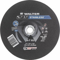 WALTER Surface Technologies - 30 Grit, 9" Wheel Diam, 1/8" Wheel Thickness, 7/8" Arbor Hole, Type 27 Depressed Center Wheel - Aluminum Oxide, Resinoid Bond, 6,600 Max RPM - Exact Tool & Supply