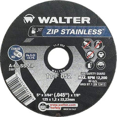 WALTER Surface Technologies - 5" 60 Grit Aluminum Oxide/Silicon Carbide Blend Cutoff Wheel - 3/64" Thick, 7/8" Arbor, 12,200 Max RPM, Use with Angle Grinders - Exact Tool & Supply