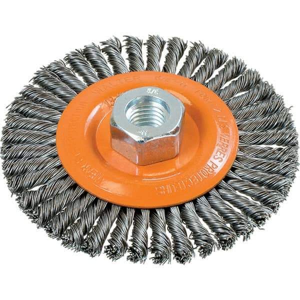 WALTER Surface Technologies - 4-1/2" OD, 5/8-11 Arbor Hole, Stringer Bead Steel Wheel Brush - 3/16" Face Width, 0.02" Filament Diam, 15,000 RPM - Exact Tool & Supply