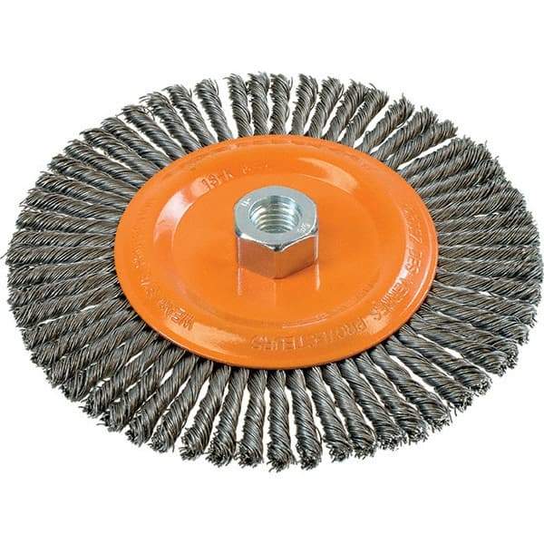 WALTER Surface Technologies - 6-7/8" OD, 5/8-11 Arbor Hole, Stringer Bead Steel Wheel Brush - 1/4" Face Width, 0.02" Filament Diam, 9,000 RPM - Exact Tool & Supply