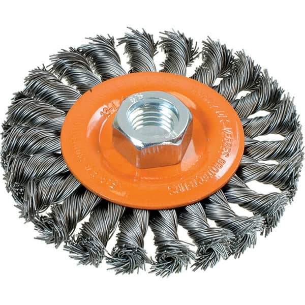 WALTER Surface Technologies - 4" OD, 5/8-11 Arbor Hole, Knotted Steel Wheel Brush - 3/8" Face Width, 0.02" Filament Diam, 20,000 RPM - Exact Tool & Supply