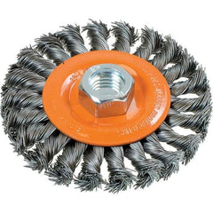WALTER Surface Technologies - 4" OD, 5/8-11 Arbor Hole, Knotted Steel Wheel Brush - 3/8" Face Width, 0.02" Filament Diam, 20,000 RPM - Exact Tool & Supply