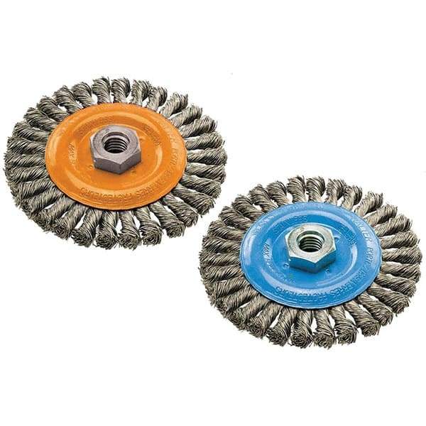 WALTER Surface Technologies - 6" OD, 5/8-11 Arbor Hole, Knotted Steel Wheel Brush - 3/8" Face Width, 0.02" Filament Diam, 10,000 RPM - Exact Tool & Supply