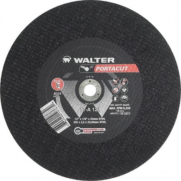 WALTER Surface Technologies - 12" 24 Grit Aluminum Oxide Cutoff Wheel - 1/8" Thick, 20mm Arbor, 6,300 Max RPM, Use with Electric & Gas Powered Saws - Exact Tool & Supply