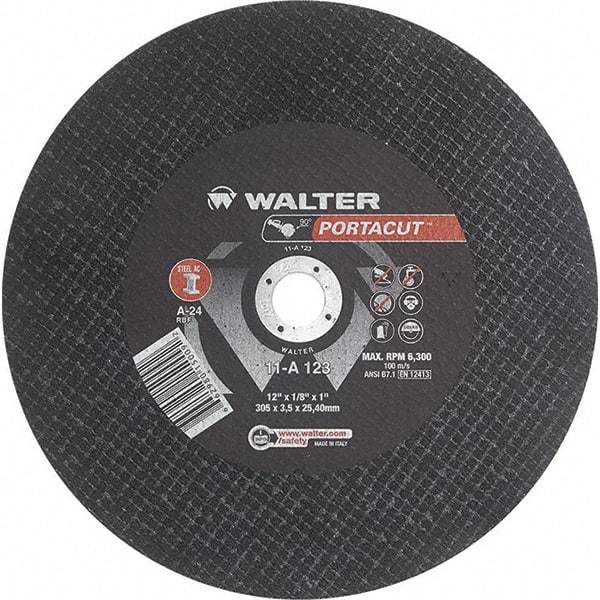 WALTER Surface Technologies - 12" 24 Grit Aluminum Oxide Cutoff Wheel - 1/8" Thick, 1" Arbor, 6,300 Max RPM, Use with Electric & Gas Powered Saws - Exact Tool & Supply