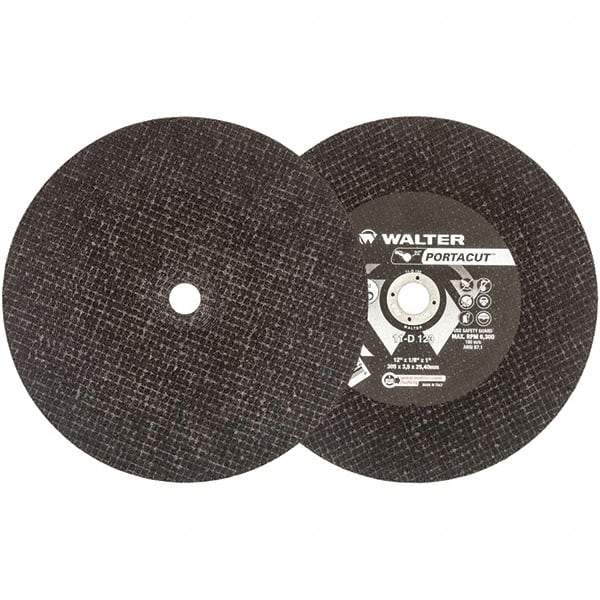 WALTER Surface Technologies - 12" 24 Grit Aluminum Oxide Cutoff Wheel - 1/8" Thick, 1" Arbor, 6,300 Max RPM, Use with Electric & Gas Powered Saws - Exact Tool & Supply