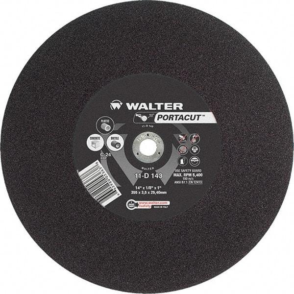 WALTER Surface Technologies - 14" 24 Grit Aluminum Oxide Cutoff Wheel - 1/8" Thick, 1" Arbor, 5,400 Max RPM, Use with Electric & Gas Powered Saws - Exact Tool & Supply