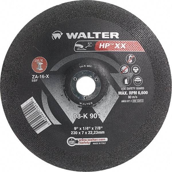 WALTER Surface Technologies - 16 Grit, 9" Wheel Diam, 1/4" Wheel Thickness, 7/8" Arbor Hole, Type 28 Depressed Center Wheel - Aluminum Oxide, Resinoid Bond, 6,600 Max RPM - Exact Tool & Supply